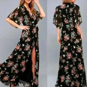 Lulus Sweet Bouquet Black Floral Print Wrap Maxi Dress Size Small